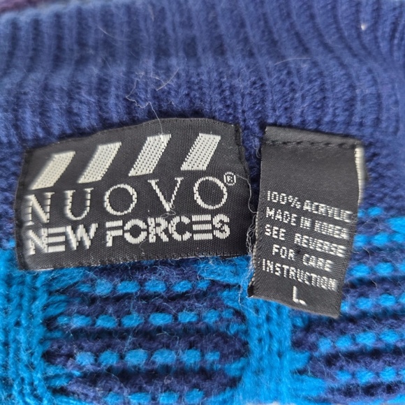 Vintage 90’s Nuovo New Forces Large Knit Sweater Button Blue Geometric Cardigan - Picture 5 of 7
